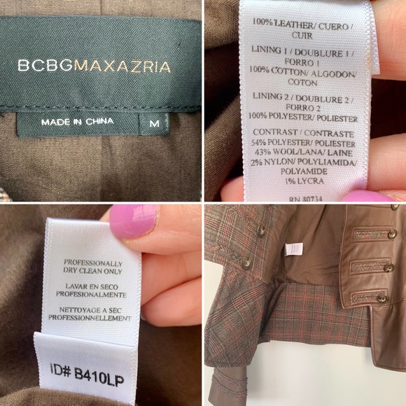 BCBMaxAzria Military Style Leather Jacket With Plaid Trim Size Medium - Picture 11 of 11